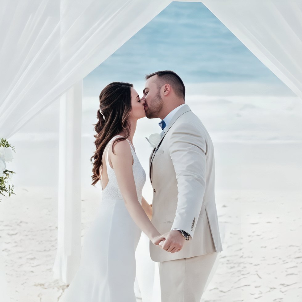 Carina and Steven share a kiss under a white canopy on the beach, holding hands during their destination wedding.