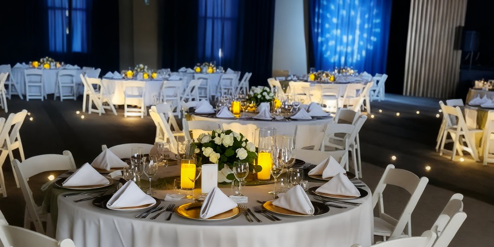 An elegant banquet hall perfect for a destination wedding, featuring round tables, white chairs, and ambient candle lighting.