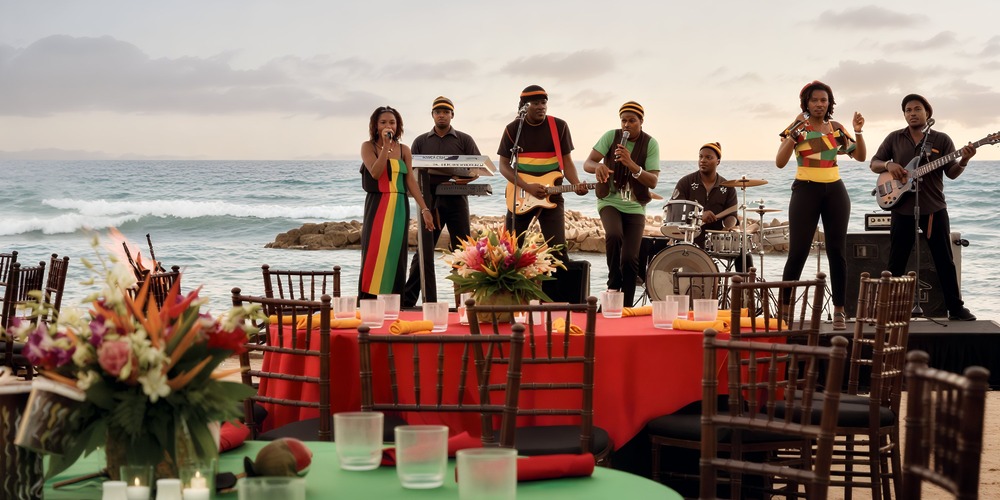 A band performs on a beach stage near elegantly set tables at sunset, creating the perfect atmosphere for a destination wedding.