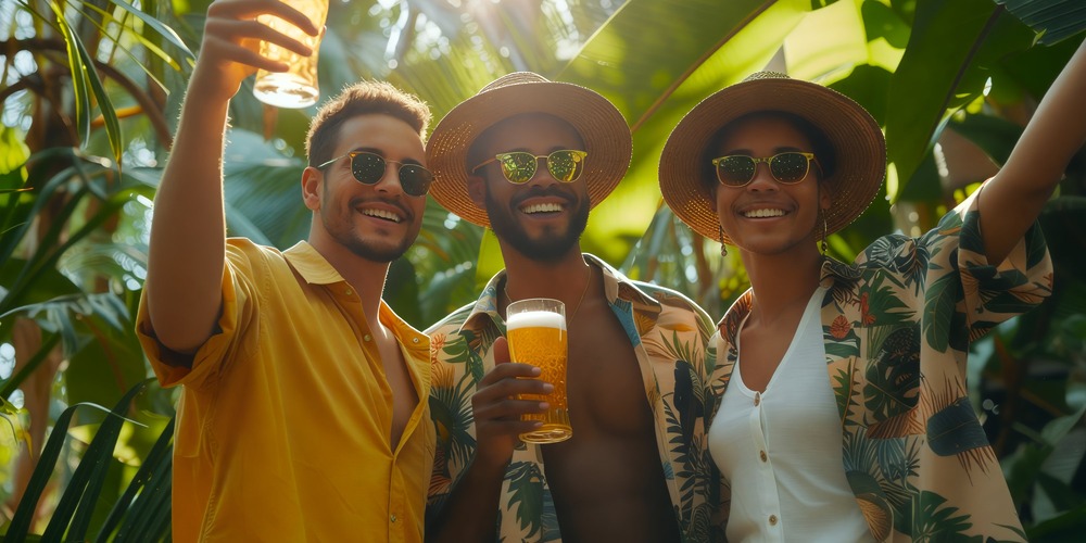 Three friends in tropical shirts and sunglasses toast with beer glasses and smile, enjoying a lush outdoor setting at a destination wedding.