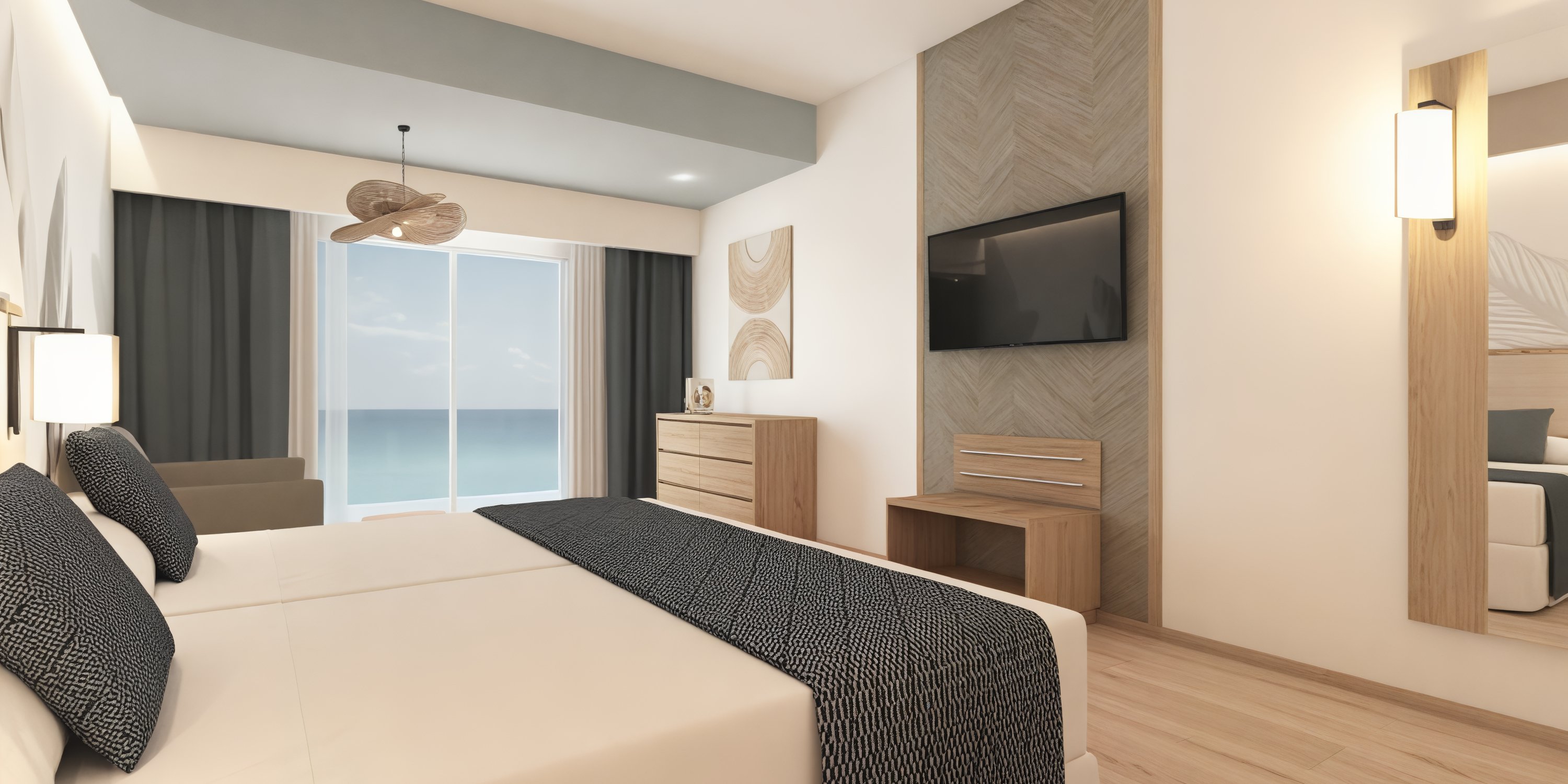 Hotel Riu Ventura room: the perfect destination wedding accommodation, featuring two comfortable beds, a TV, dresser, mirror, and stunning ocean view visible through sliding doors.