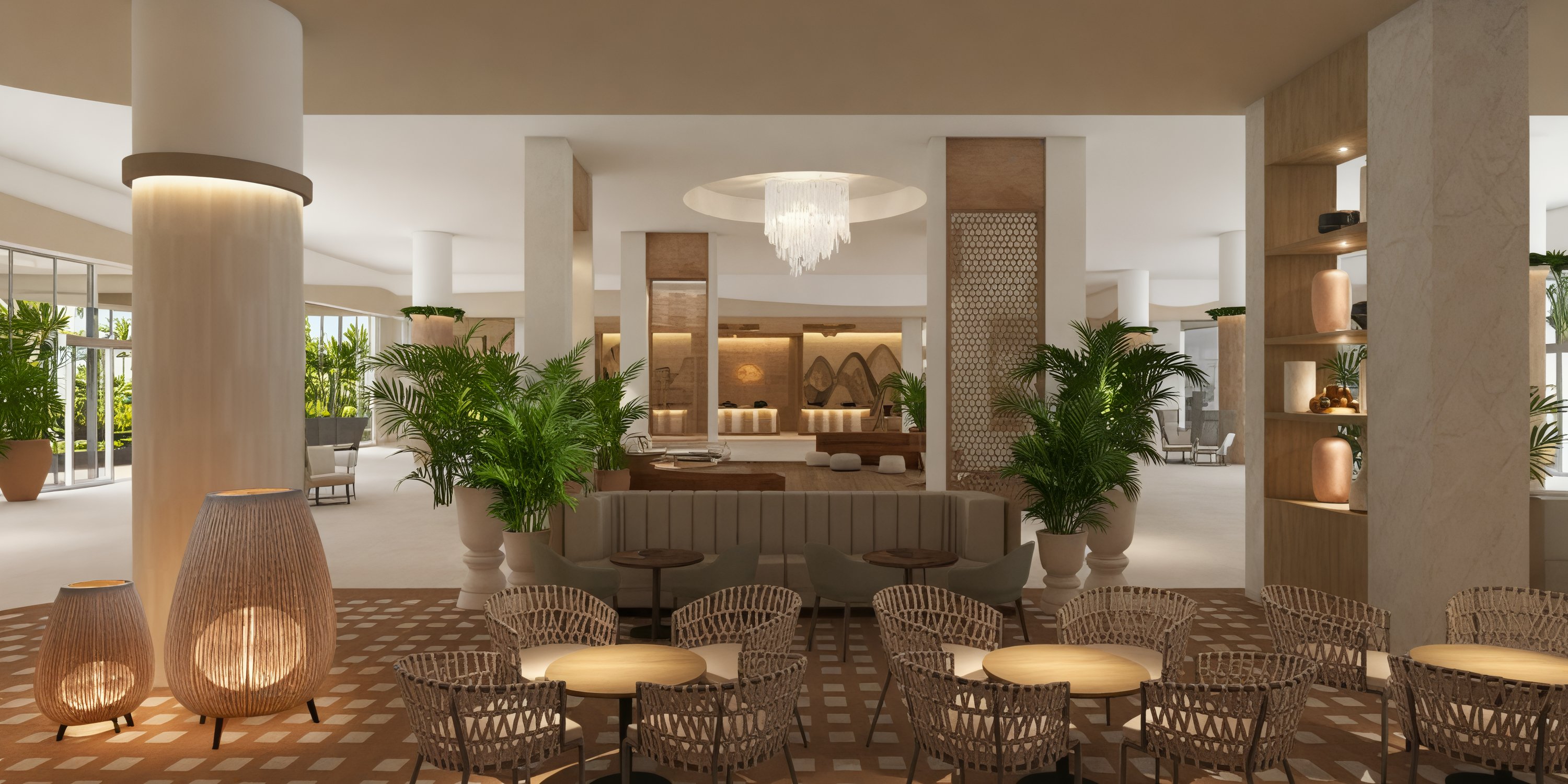 The Hotel Riu Ventura lobby, adorned with elegant wicker chairs, lush potted plants, and a stunning central chandelier, offers the perfect welcoming atmosphere for a destination wedding.