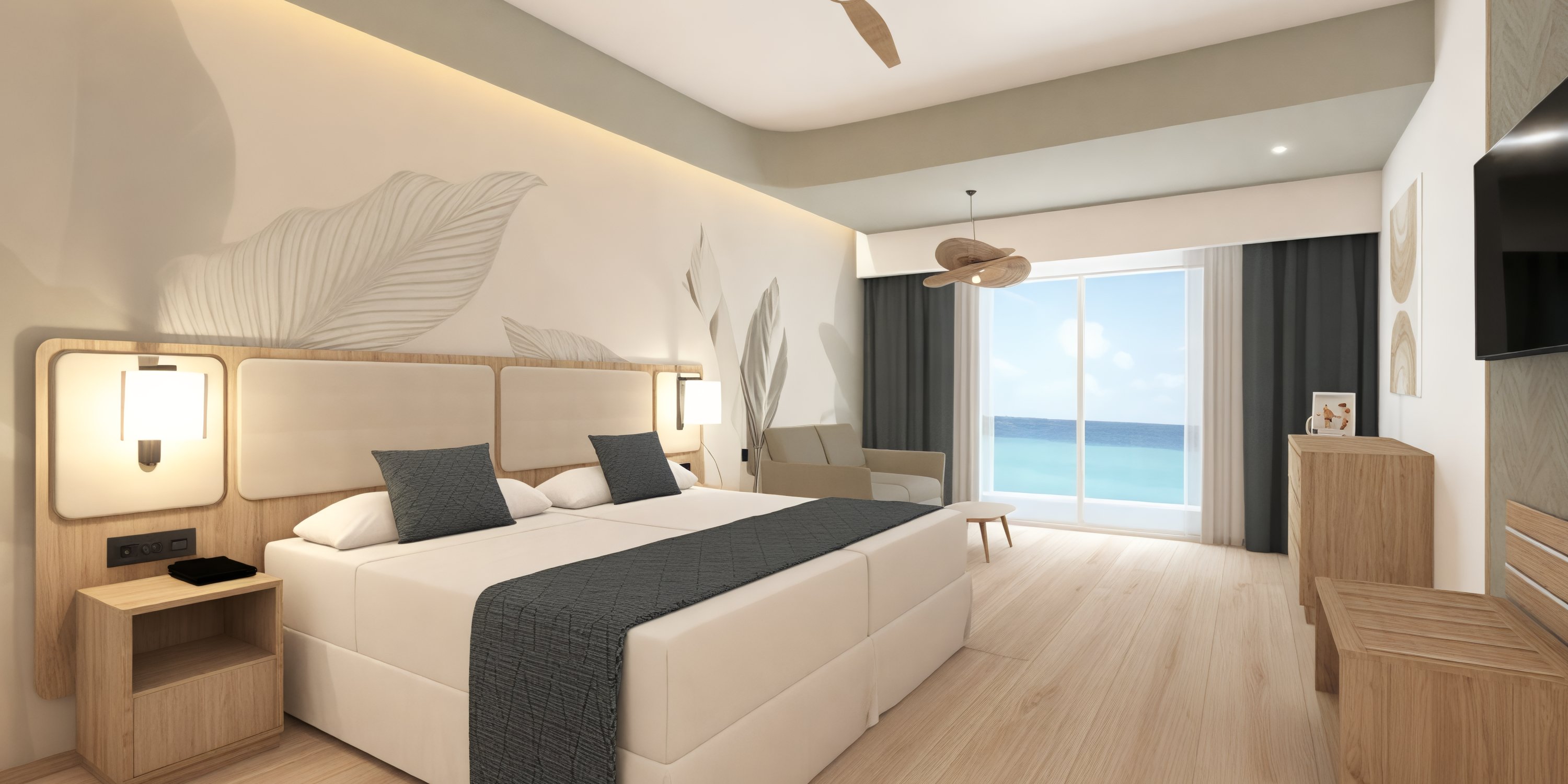 Enjoy a romantic stay in the Hotel Riu Ventura’s spacious room featuring a large bed, elegant wooden furnishings, and a private balcony with breathtaking ocean views—perfect for your wedding night or as an idyllic retreat during your destination wedding celebration.