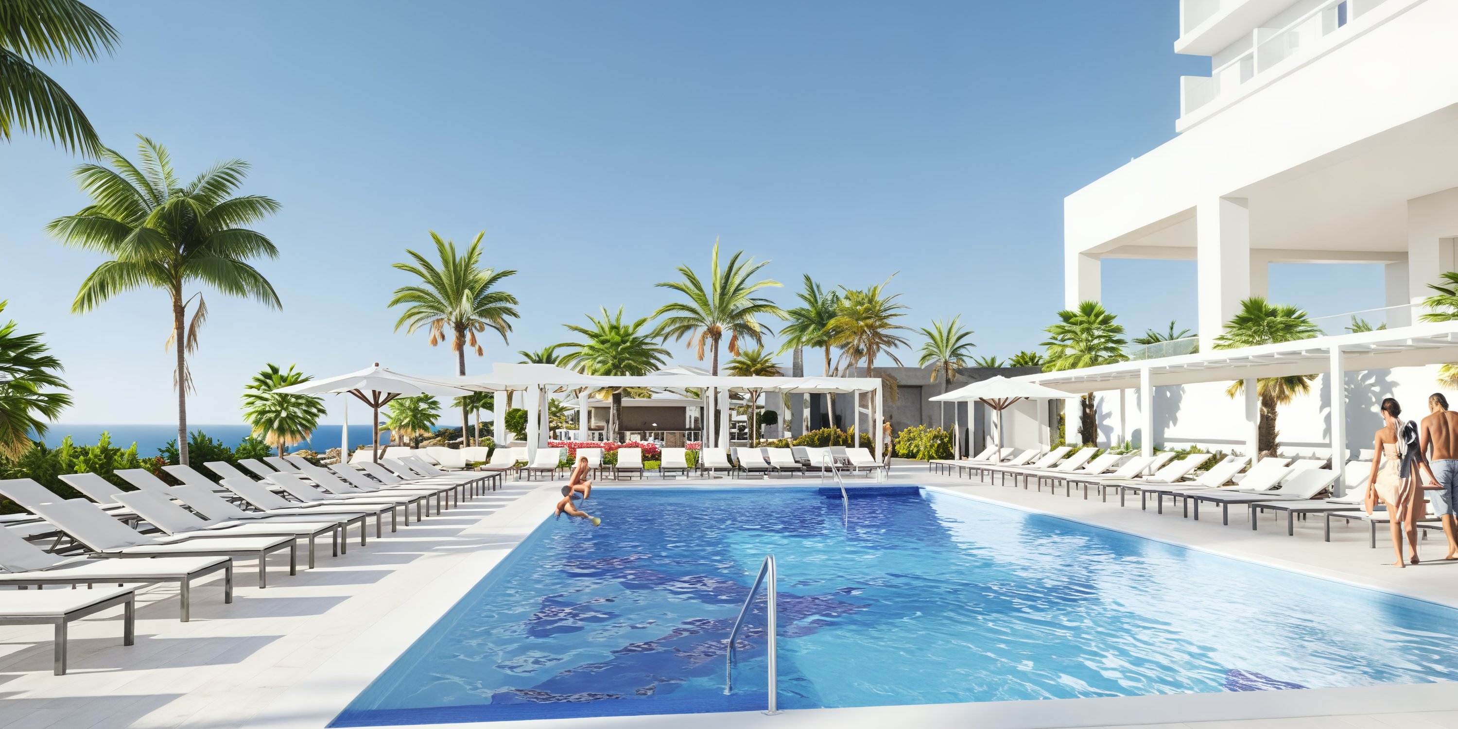 The outdoor pool at Hotel Riu Ventura, surrounded by lounge chairs and swaying palm trees under clear blue skies, offers a stunning backdrop for a destination wedding or for guests to relax before the big day.