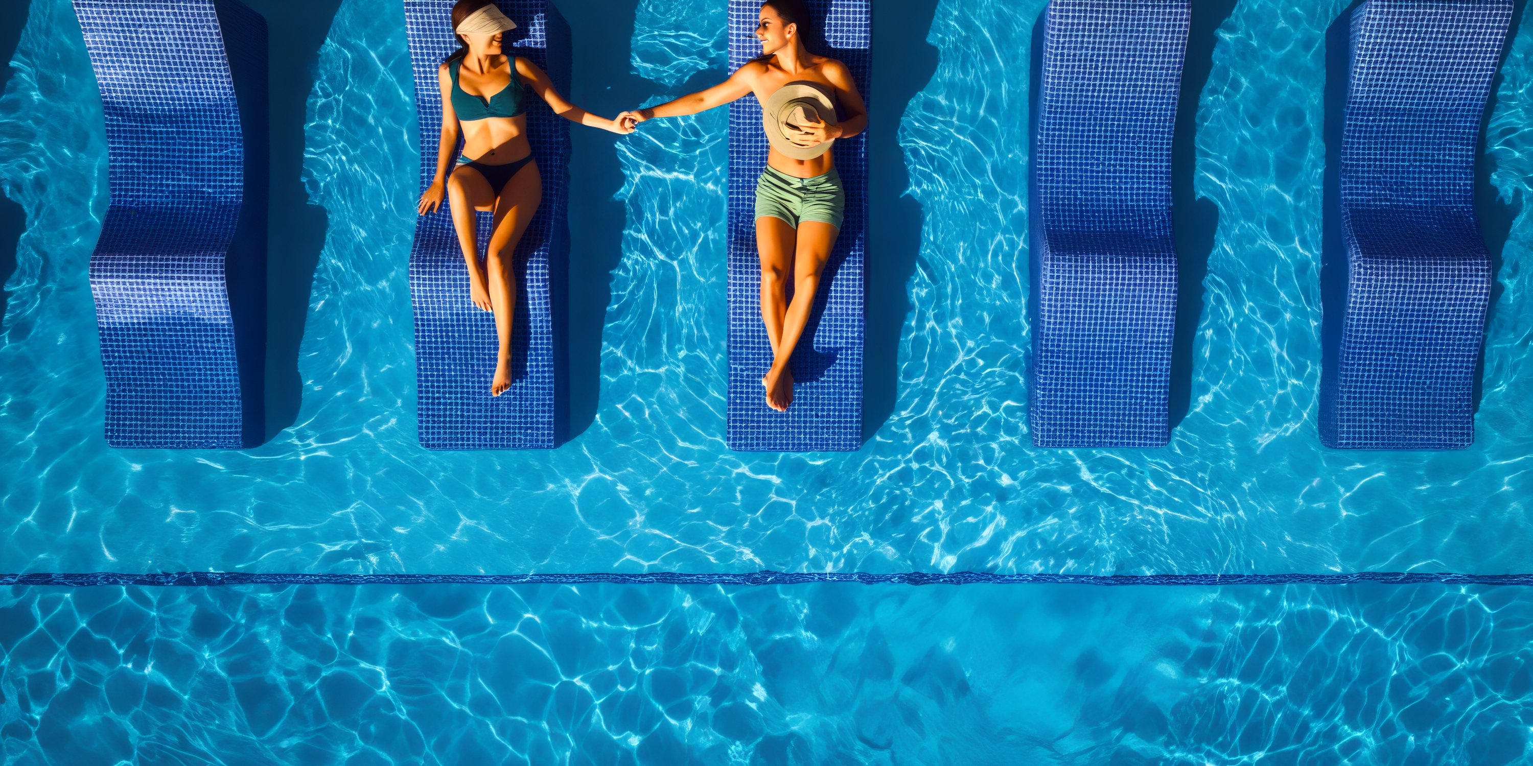 A couple celebrating their destination wedding relaxes on pool loungers at Hotel Riu Ventura, holding hands as they bask in the moment together, viewed from above.