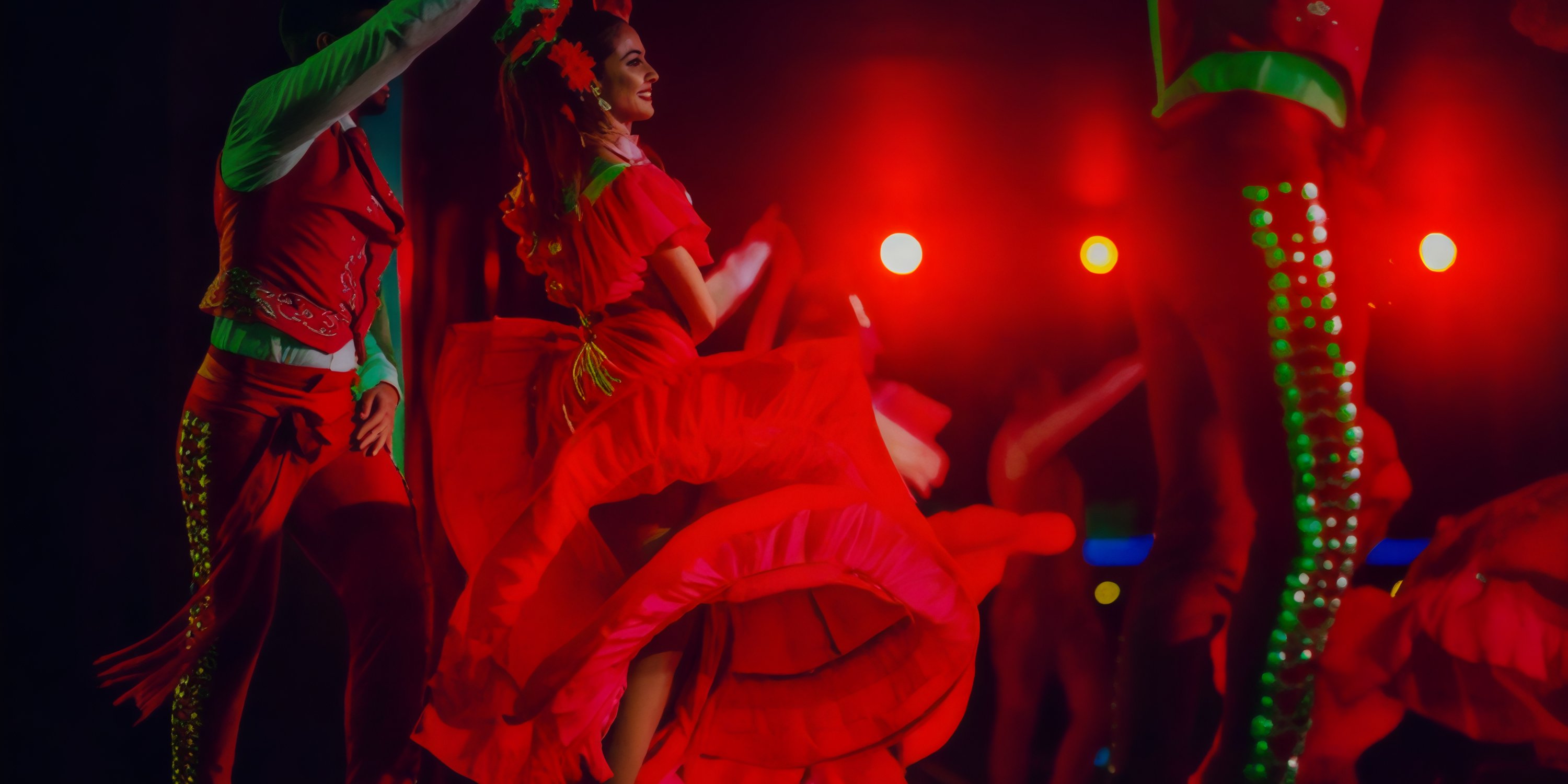 Dancers in vibrant red light up the stage at Hotel Riu Ventura, captivating destination wedding guests under brilliant red lights.