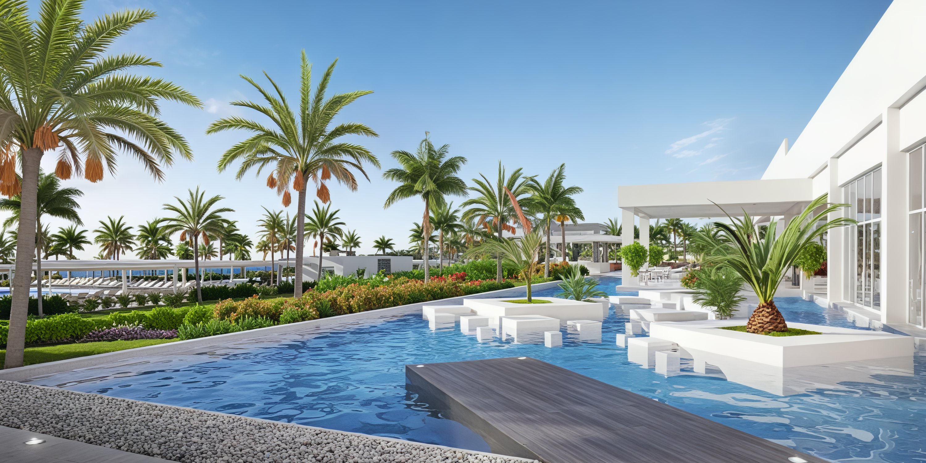 The outdoor pool at Hotel Riu Ventura, surrounded by lush gardens and elegant palm trees, features chic white in-water seating platforms—an idyllic setting for a destination wedding or an unforgettable wedding celebration.
