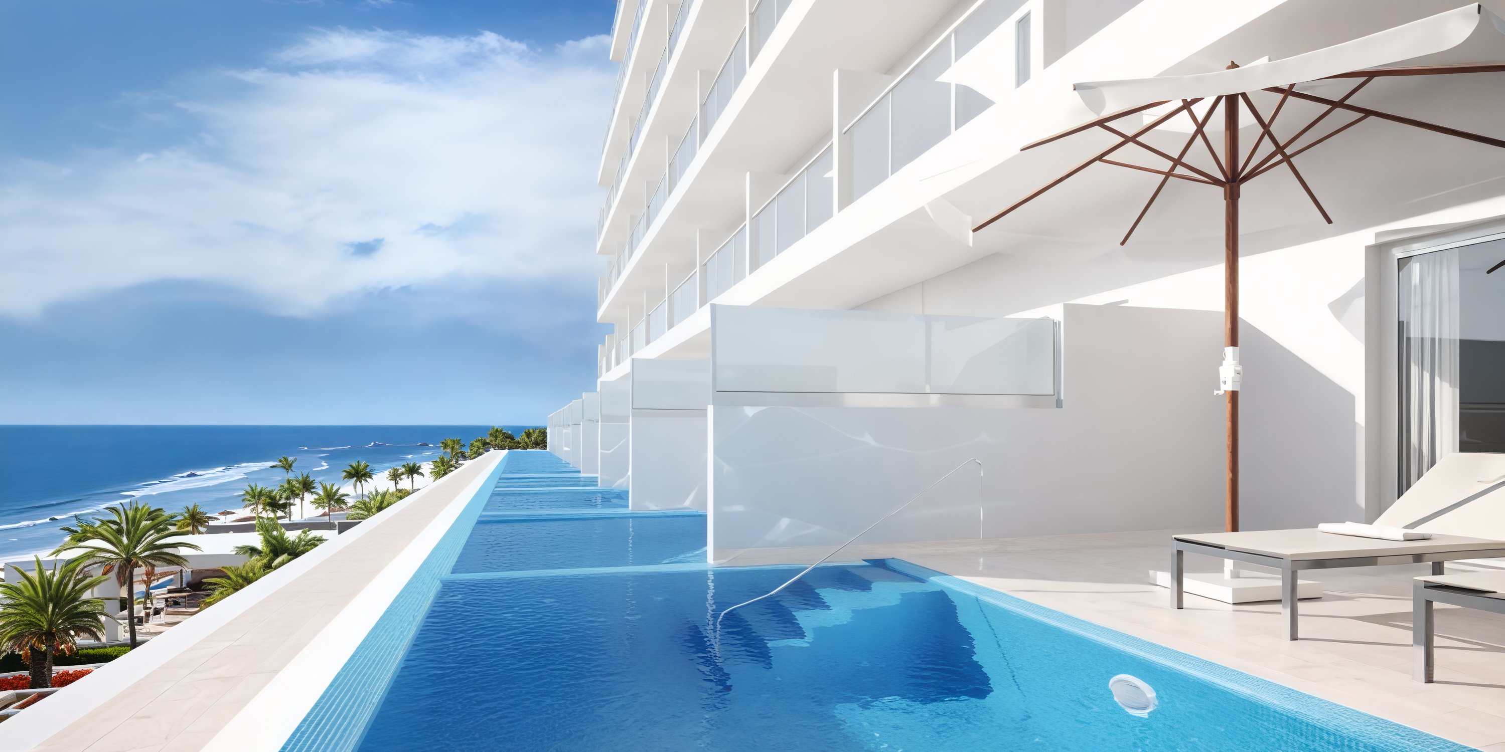 Infinity pool at Hotel Riu Ventura, featuring breathtaking ocean views, lounge chairs, and umbrellas on the balcony—an ideal setting for a destination wedding or romantic wedding celebration.