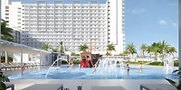 Children laughing and playing on a splash pad near Hotel Riu Ventura, surrounded by palm trees and the hotel's tall building—a lively scene perfect for families attending a destination wedding.