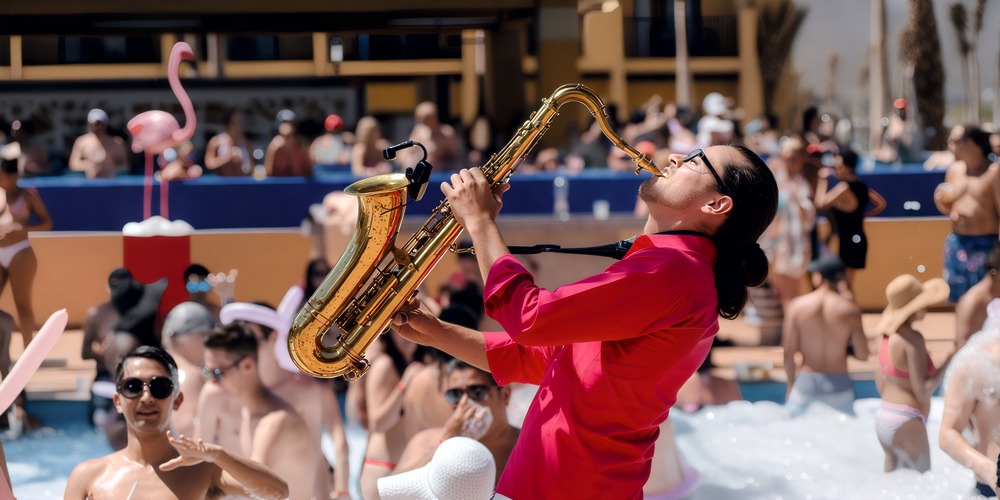A saxophonist in a red shirt entertains guests by a bustling pool during a lively destination wedding celebration.