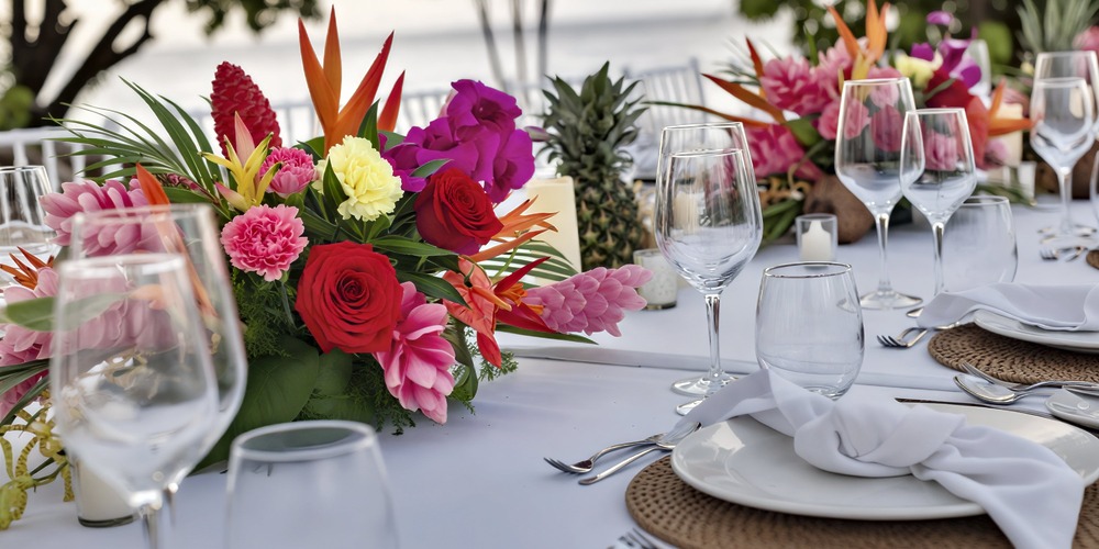 The table is beautifully set for a destination wedding, featuring elegant glassware, plates, and napkins, all adorned with vibrant tropical flower arrangements.