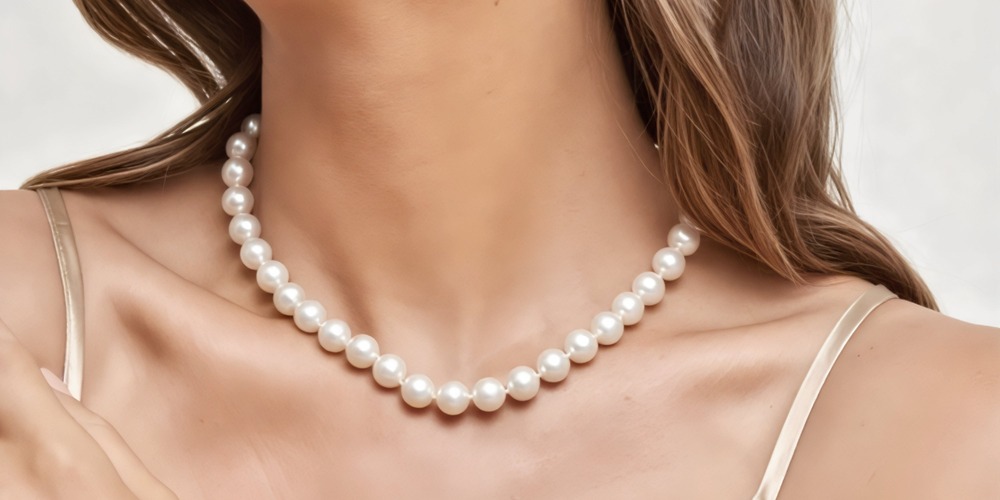A woman adorned with a white pearl necklace around her neck, elegantly dressed for a destination wedding.
