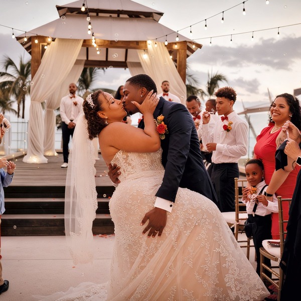 At their beautiful outdoor destination wedding, the bride and groom share a kiss, surrounded by family and friends.