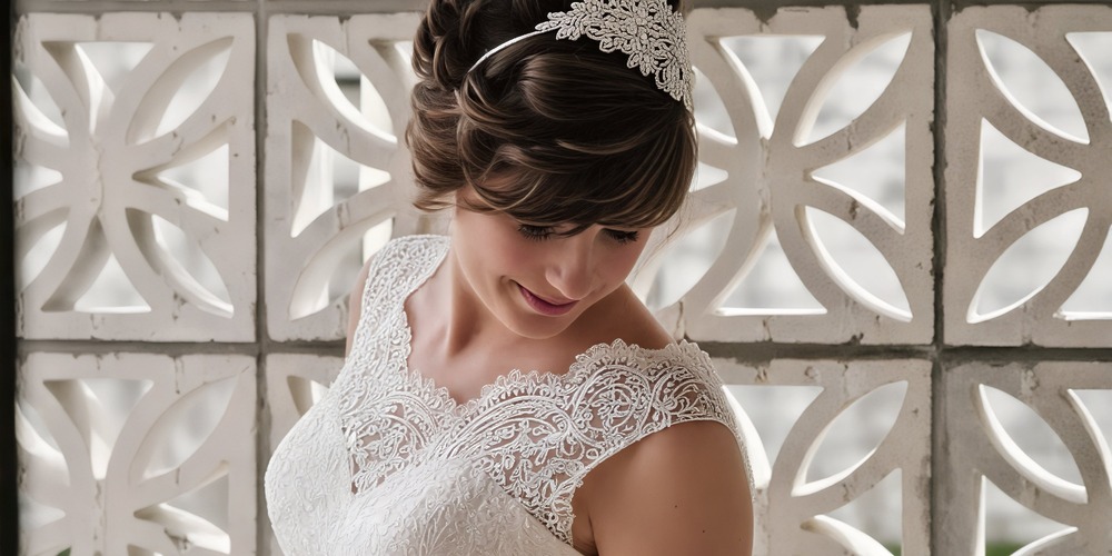 A bride in a lace wedding dress and shimmering tiara showcases stunning wedding hair ideas against a patterned white wall, perfect for your destination wedding inspiration.