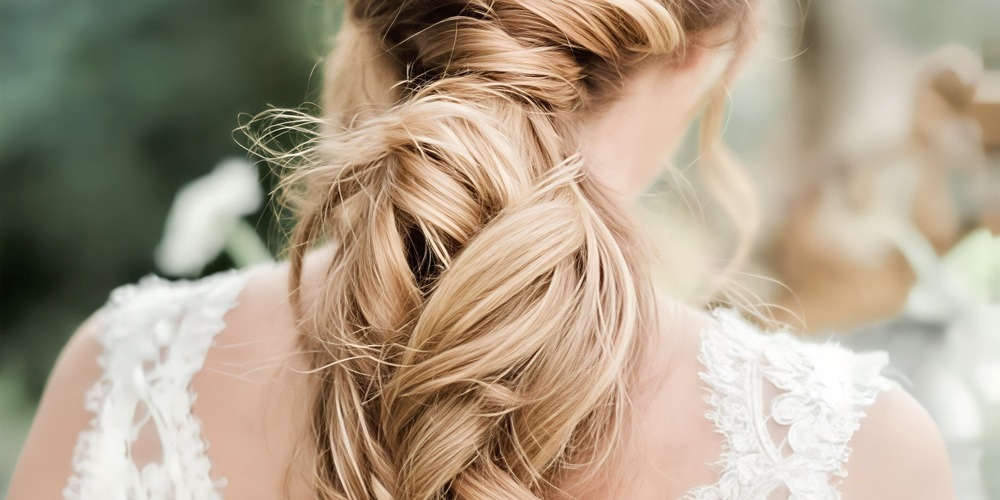 A woman with long, loosely braided blonde hair—an ideal inspiration for wedding hairstyles—is seen from behind in a delicate lace dress, perfect for a romantic destination wedding.