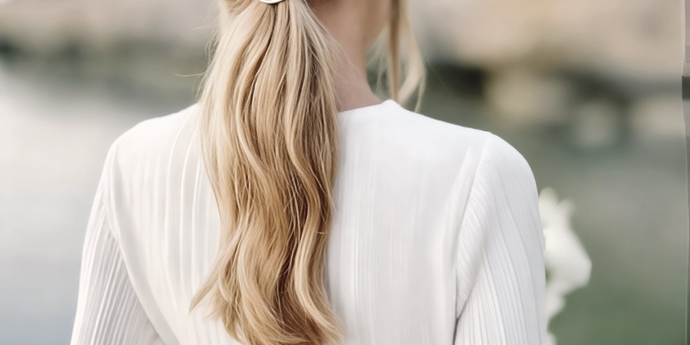 Woman with long blonde hair styled in a low ponytail—an ideal look for wedding hair inspiration or destination wedding styles, paired with a classic white top.