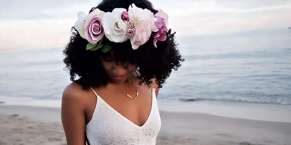 A woman in a white dress with a flower crown stands on the beach, offering beautiful hair inspiration for brides planning a destination wedding.