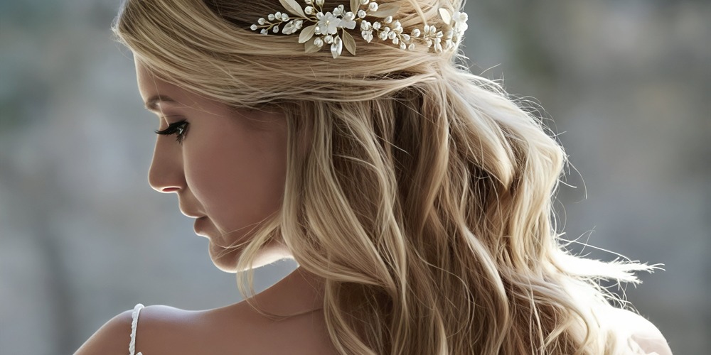 A woman with long, wavy blonde hair adorned with a floral accessory—an ideal look for wedding or destination wedding hair inspiration.