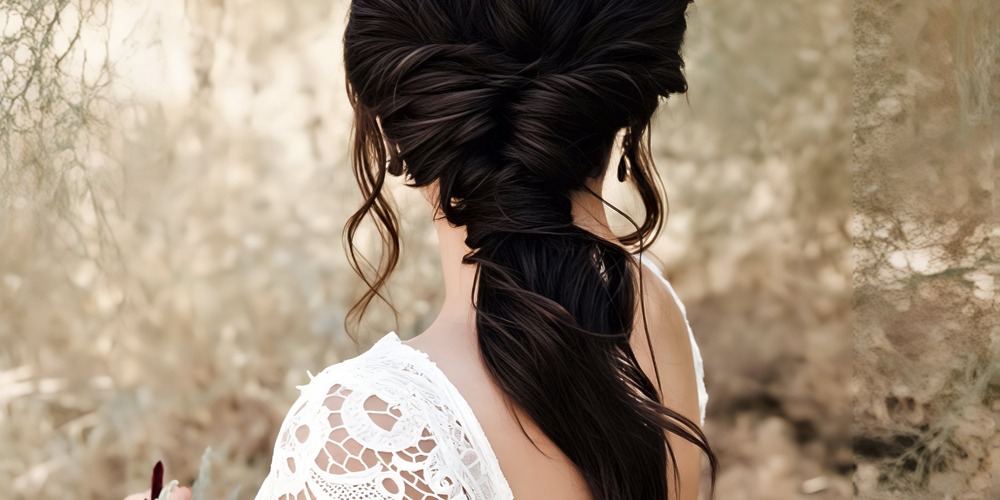 Woman with long dark hair styled in an intricate braid, ideal for chic wedding hair inspiration, wearing a white lace dress—perfect for a glamorous destination wedding look.