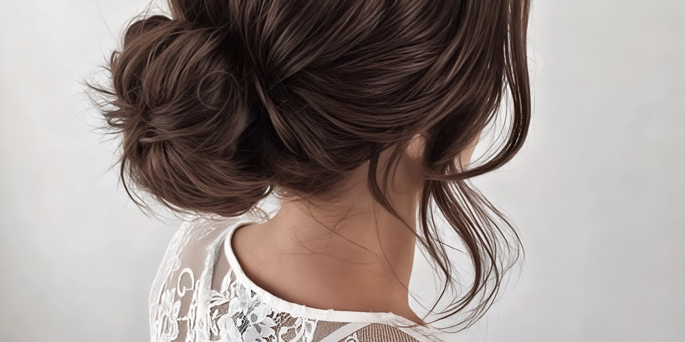 Brown-haired woman with her hair styled in a loose bun, sharing elegant hair inspiration perfect for a wedding or destination wedding, dressed in a white lace top.
