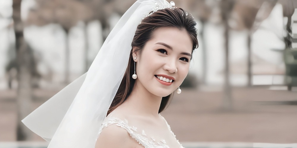 A bride in a stunning wedding dress and veil smiles outdoors, highlighting beautiful bridal hair ideas perfect for your destination wedding.