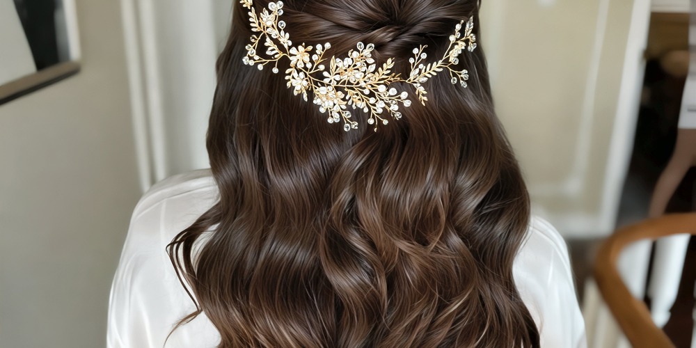 Woman with long, wavy brown hair adorned with a gold floral accessory—ideal inspiration for wedding or destination wedding hairstyles.