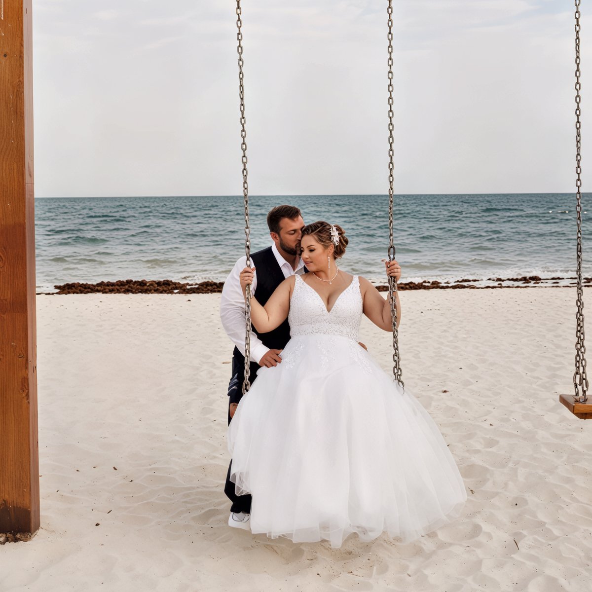 Ashleigh and Dominic sitting together on a swing at a sandy beach, the ocean stretching out behind them—a beautiful moment from their destination wedding.