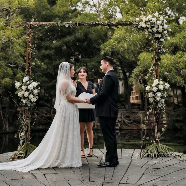 Nancy and David stand hand in hand beneath a floral arch at their outdoor wedding, embracing the beauty of their destination wedding setting.