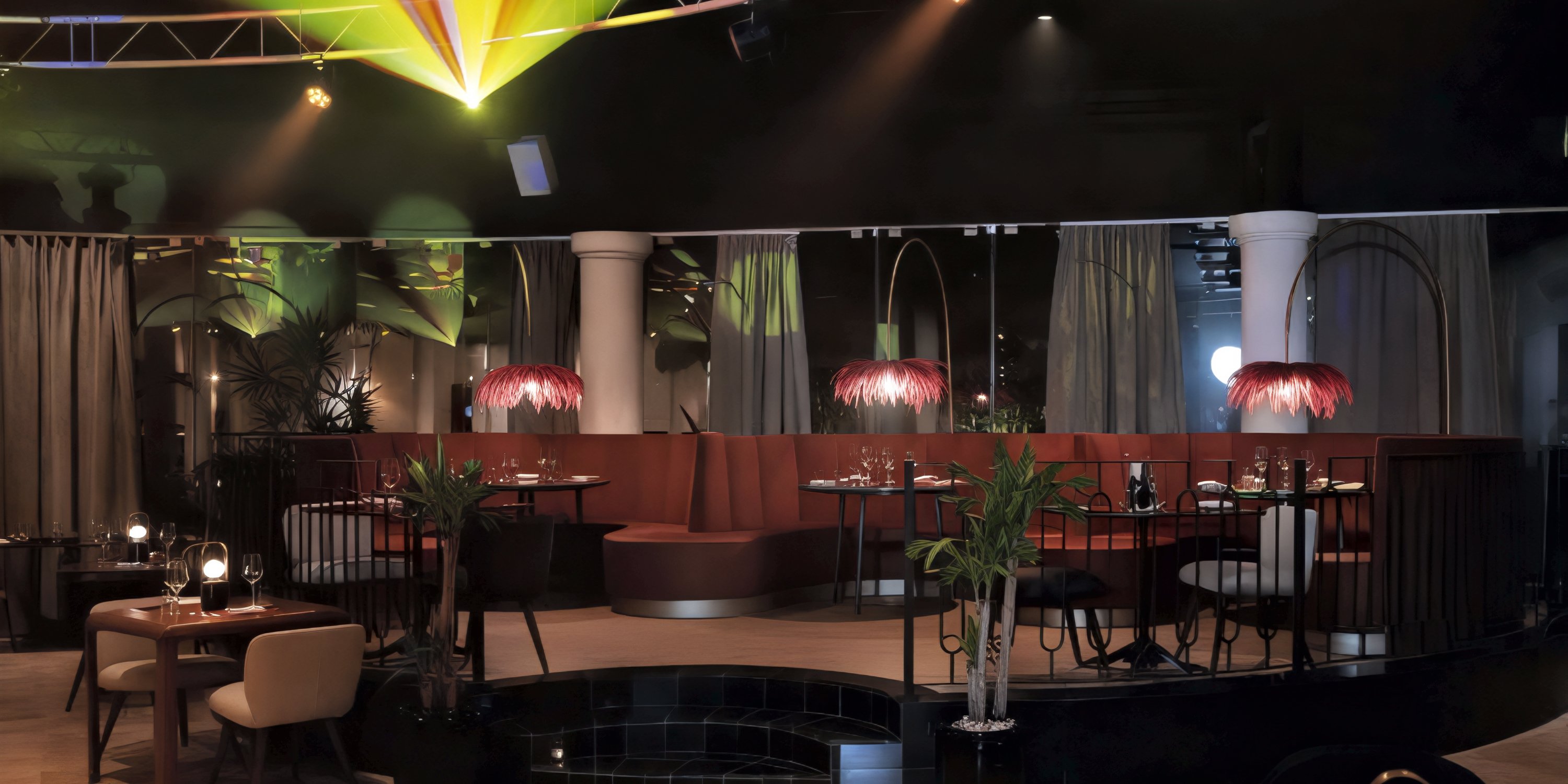 Chic restaurant interior with elegant red seating, distinctive lighting, and beautifully set tables—perfect for destination wedding celebrations or intimate wedding dinners.