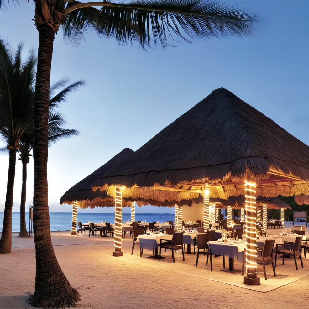A picturesque outdoor beach restaurant with a thatched roof and twinkling string lights at dusk—an idyllic setting perfect for a romantic destination wedding celebration.