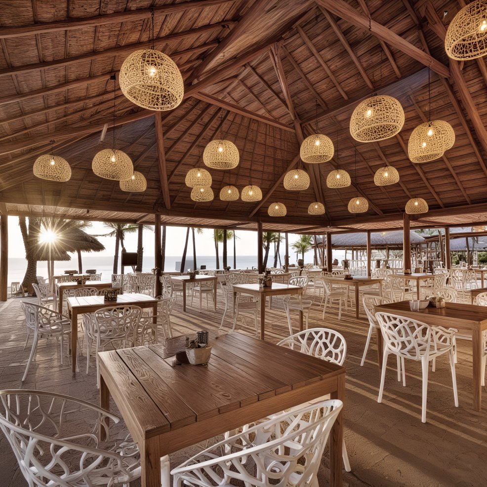 Open-air beachside restaurant set up for a destination wedding, featuring wooden tables, white chairs, and hanging wicker lights that glow warmly at sunset.