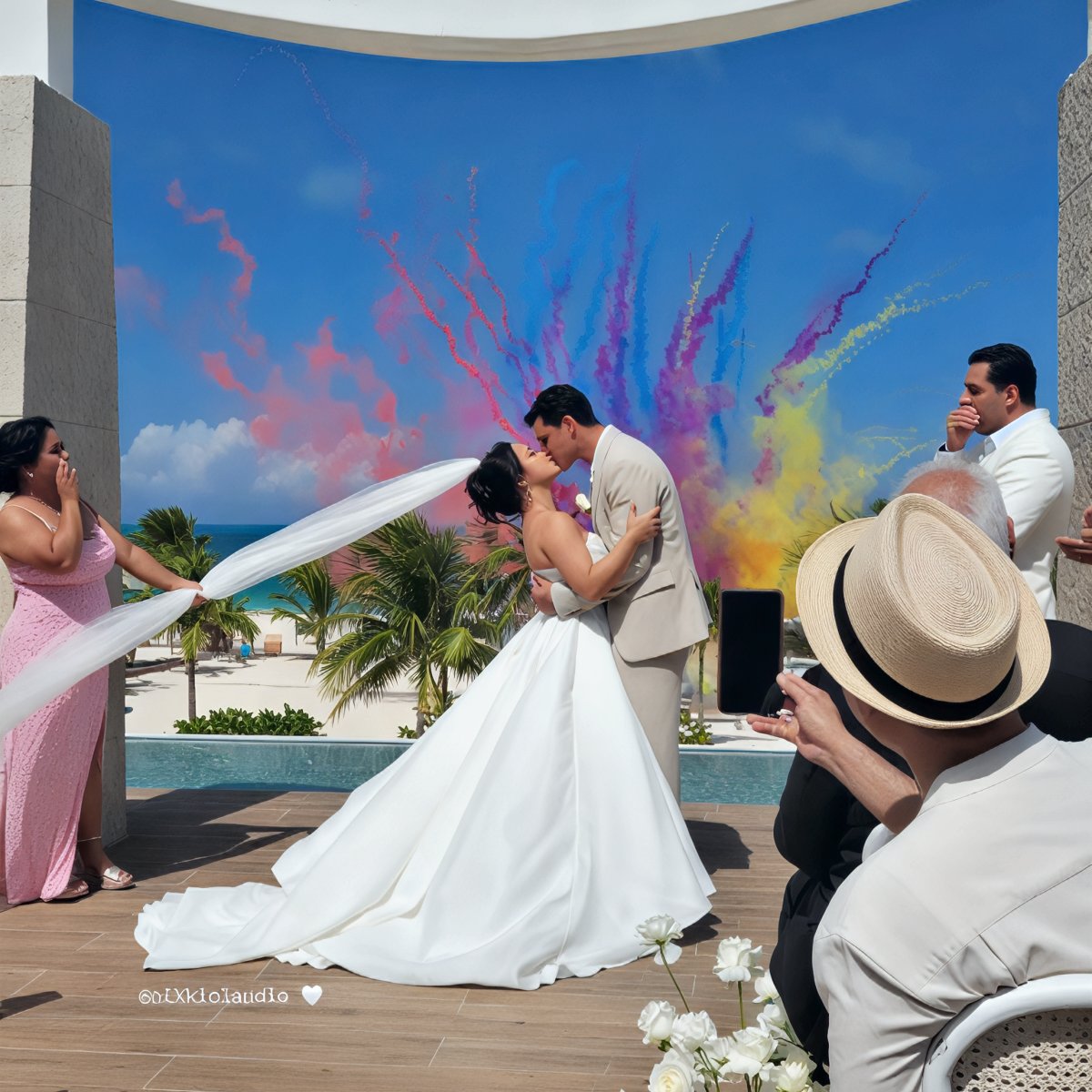 At their destination wedding, Ashleigh and Dominic share a kiss outdoors as vibrant, colorful smoke swirls through the sky behind them.