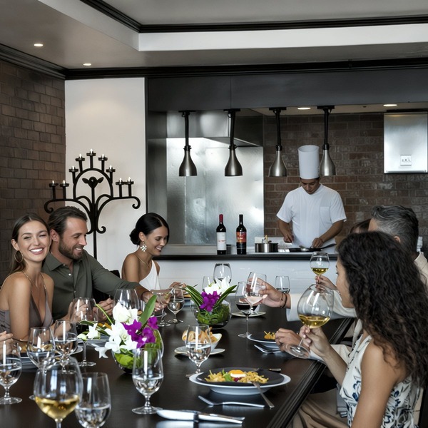A group of people enjoying a meal at a restaurant during a destination wedding, with a chef preparing dishes in an open kitchen in the background.