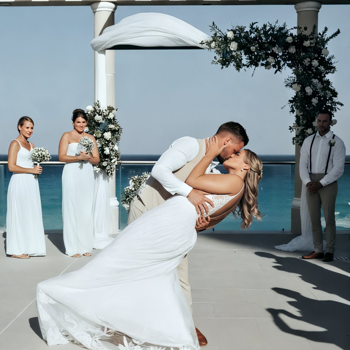 Emily and Stephen share a romantic kiss at their outdoor oceanfront destination wedding ceremony.