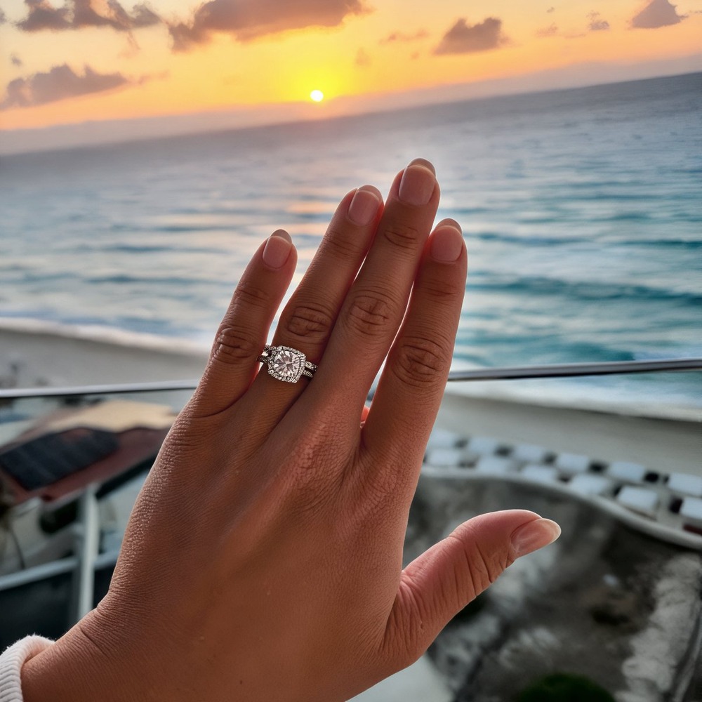 A hand adorned with the Emily and Stephen wedding ring is held up against the backdrop of a breathtaking destination wedding beach sunset.