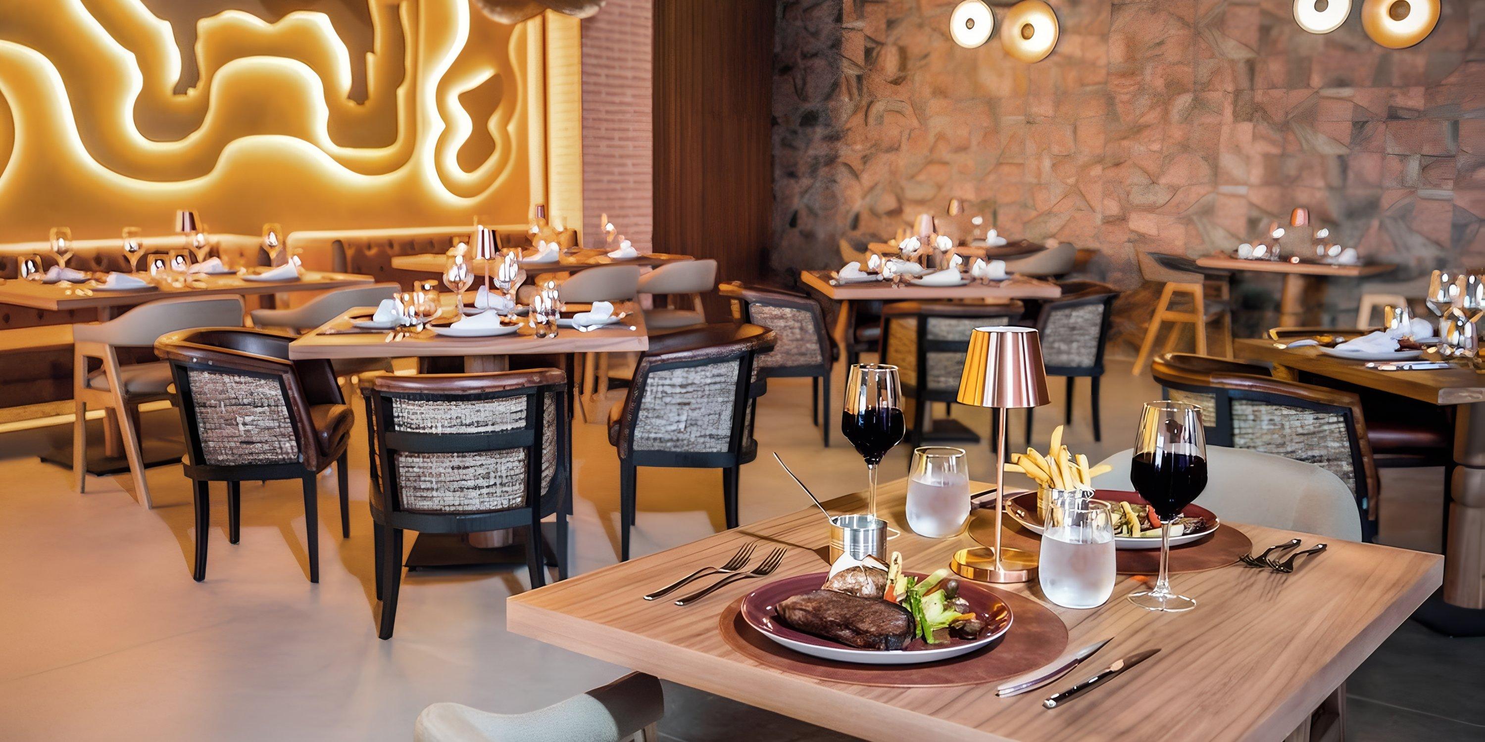 A modern dining area set for a destination wedding at Majestic Mirage Costa Mujeres, with wine glasses.