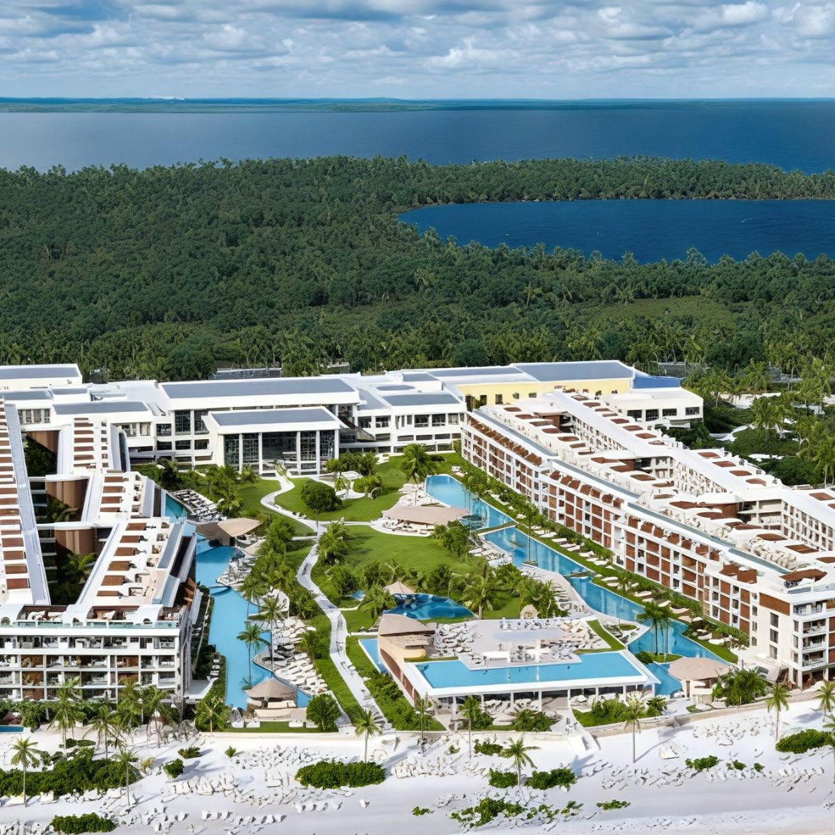 A stunning aerial view of the Majestic Mirage Costa Mujeres resort showcases shimmering pools, lush greenery, and scenic waterfront—an idyllic setting for a dream destination wedding.