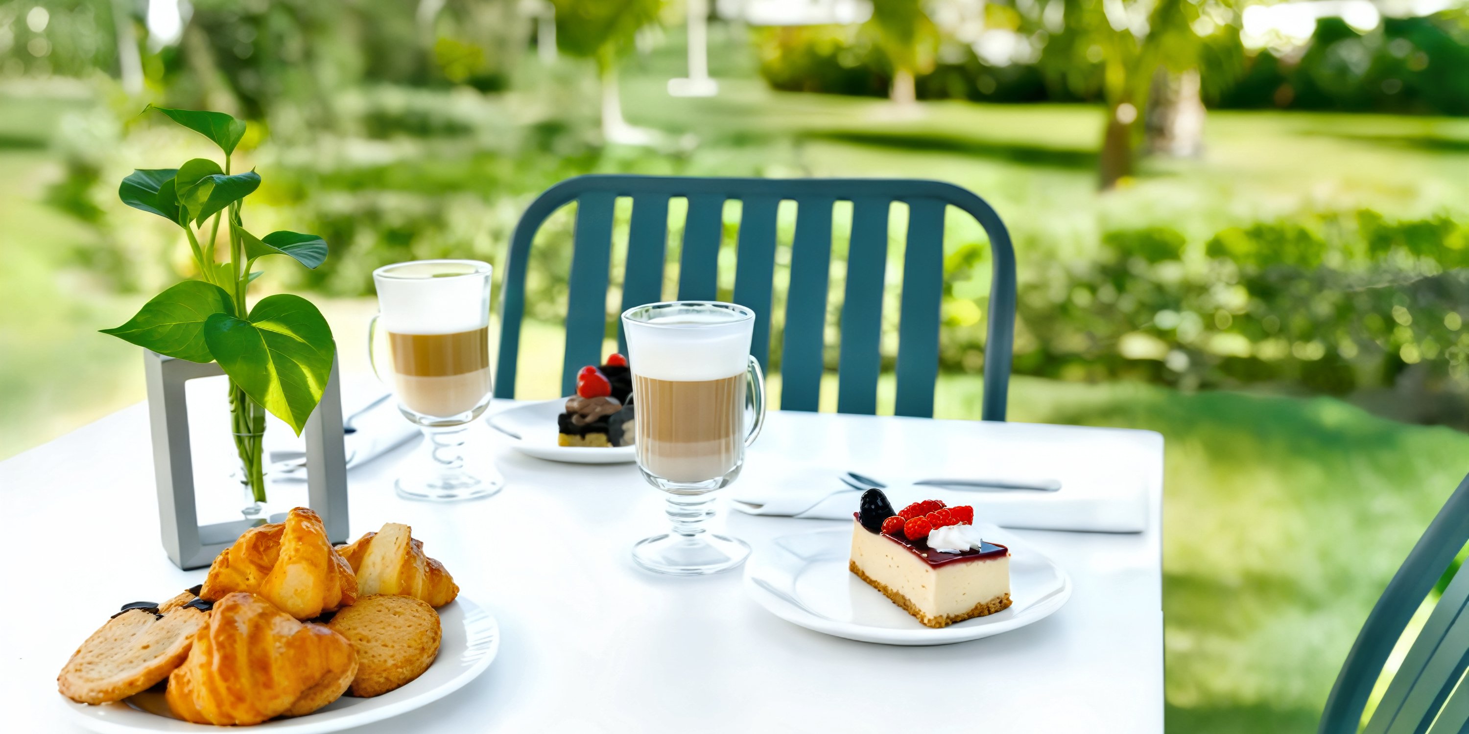 Outdoor table set with coffee, pastries, and cheesecake—an ideal treat for your Majestic Mirage Costa Mujeres destination wedding.