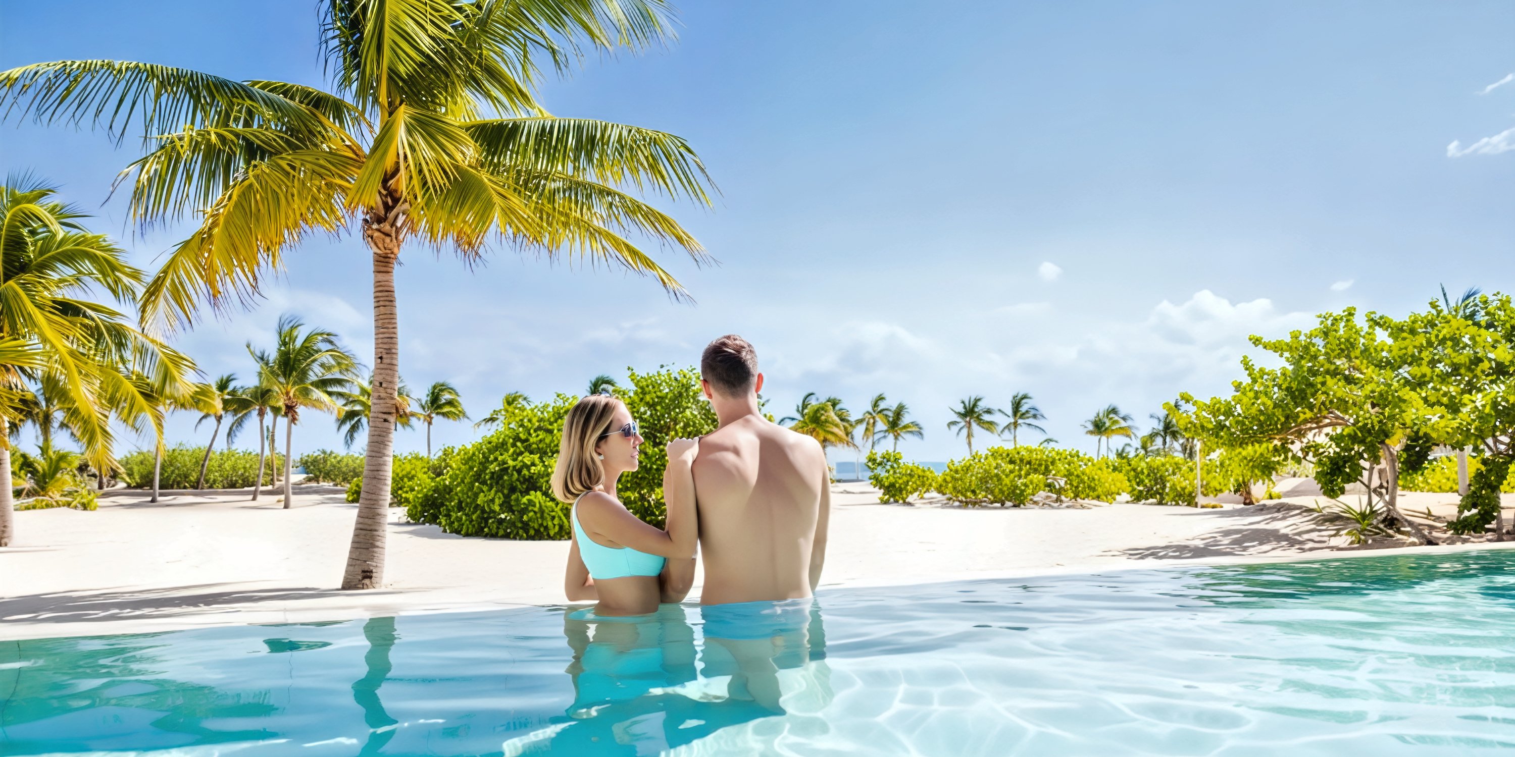 A couple in swimwear relaxes in a pool, gazing out at the stunning beach—an idyllic scene that's perfect for a destination wedding at Majestic Mirage Costa Mujeres.