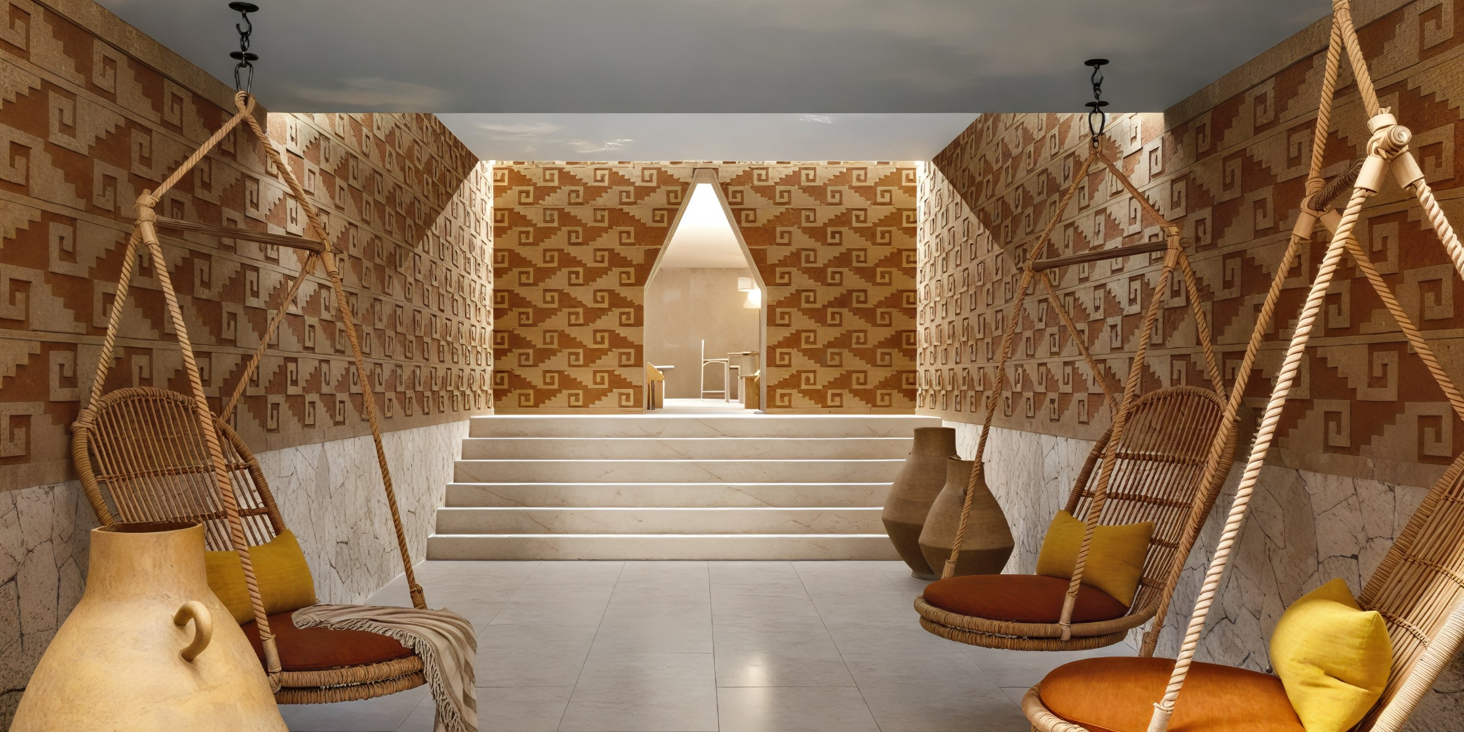 Modern lounge featuring elegant wicker swings—an ideal setting for destination weddings or wedding events at Majestic Mirage Costa Mujeres.
