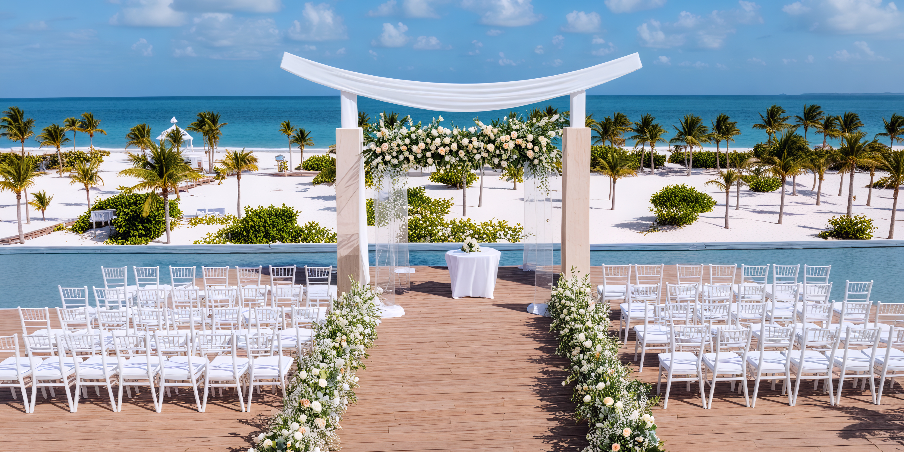 Stunning beachfront destination wedding setup at Majestic Mirage Costa Mujeres, featuring elegant white chairs, beautiful floral arrangements, and breathtaking ocean views.