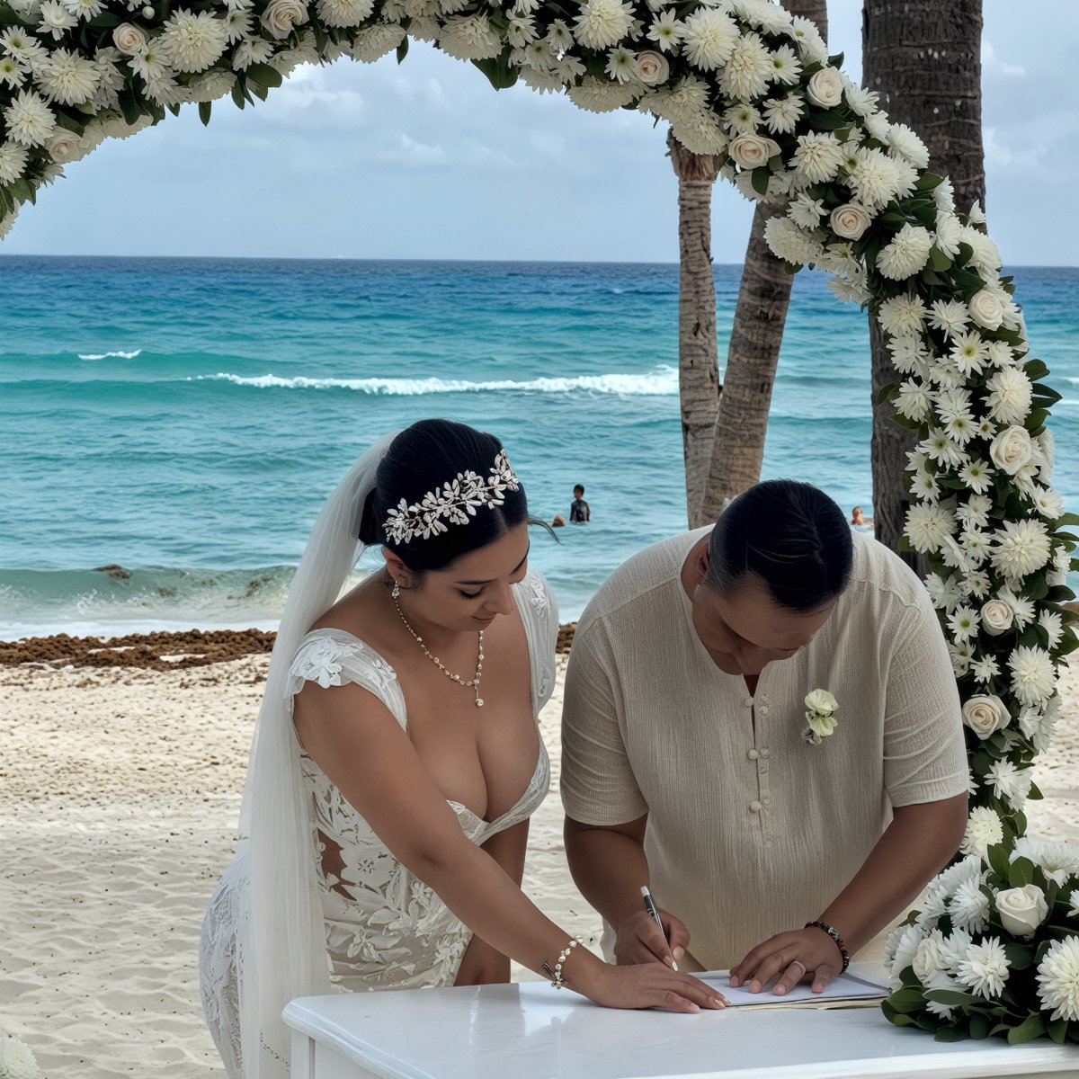 Camille and Jeff signing their wedding documents beneath a beautiful floral arch on the beach, celebrating their destination wedding.