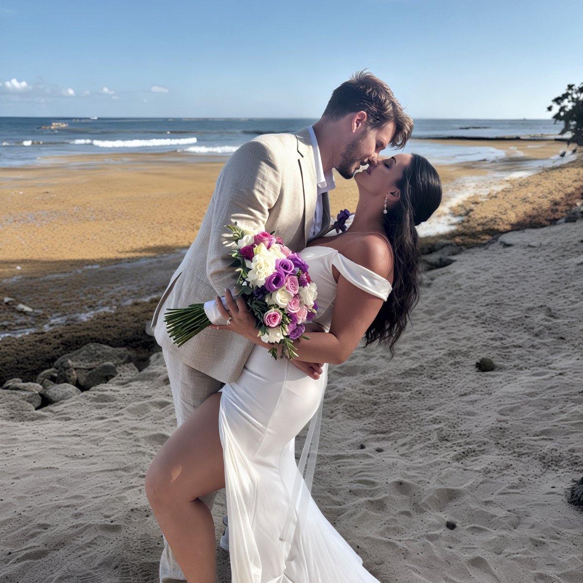 Aubrey and Noah share a loving embrace and kiss on a sandy beach during their destination wedding, holding a beautiful bouquet of flowers.