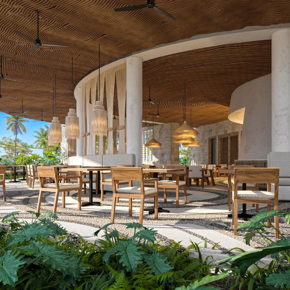 Open-air restaurant featuring wooden chairs, elegant pendant lighting, and a beautifully wavy wooden ceiling—an ideal setting for a wedding or destination wedding celebration.
