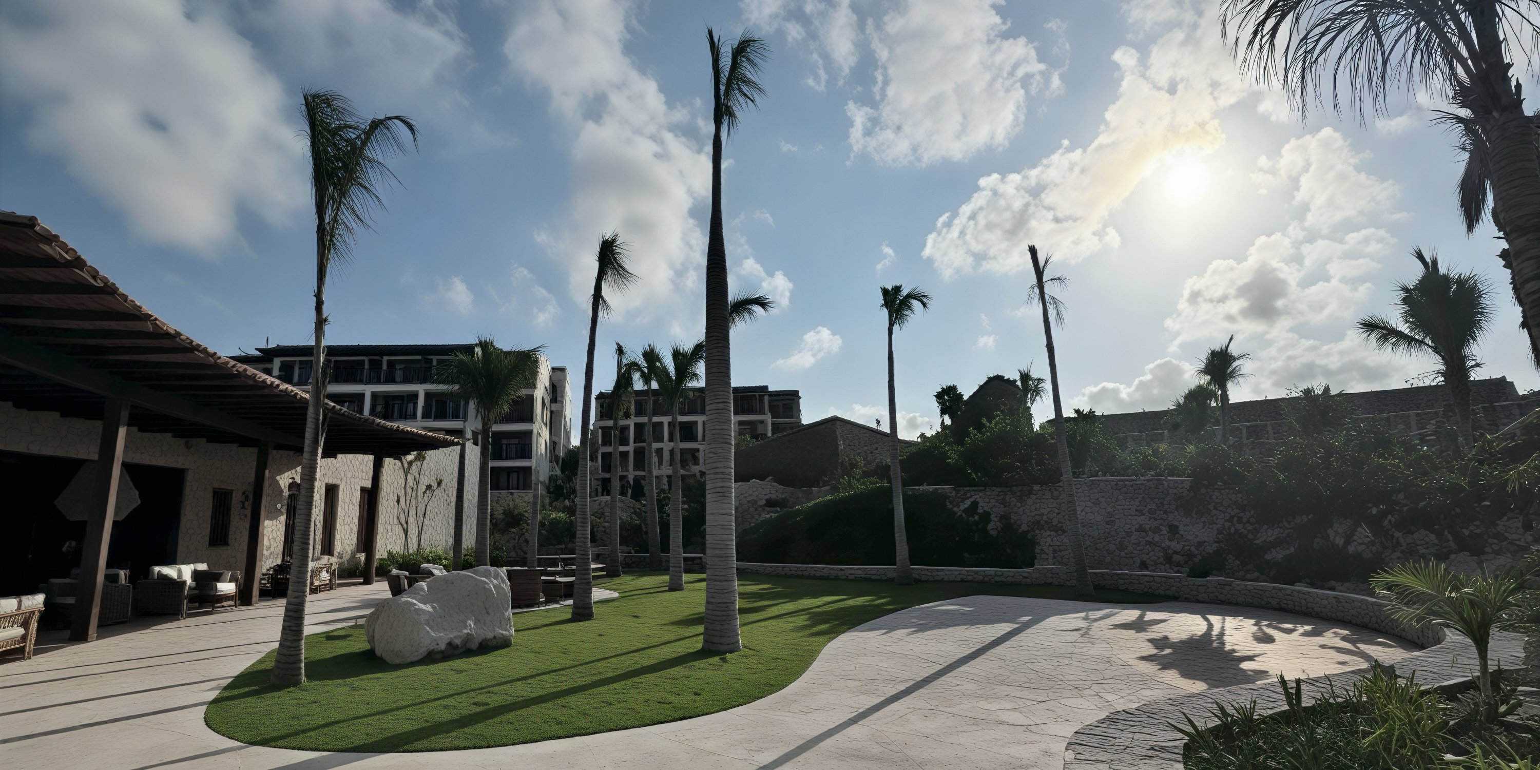 Imagine a sunny outdoor courtyard, perfect for a destination wedding, adorned with elegant palm trees and surrounded by charming buildings under a partly cloudy sky.