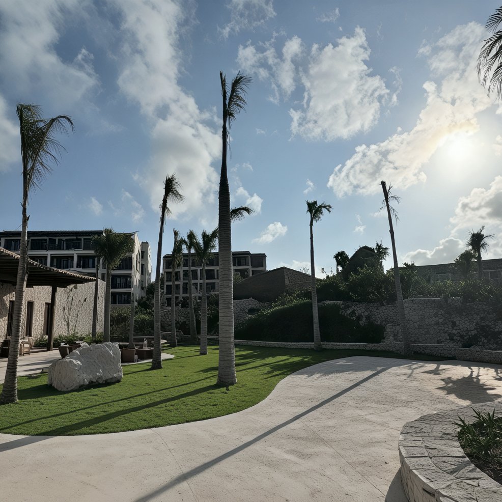Palm trees sway beside modern buildings under a partly cloudy sky, with sunlight illuminating this picturesque outdoor space—an ideal destination wedding setting.