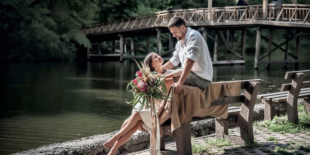 A couple sits on a bench by the lake, holding a bouquet, with a wooden bridge in the background—a perfect moment at their destination wedding.