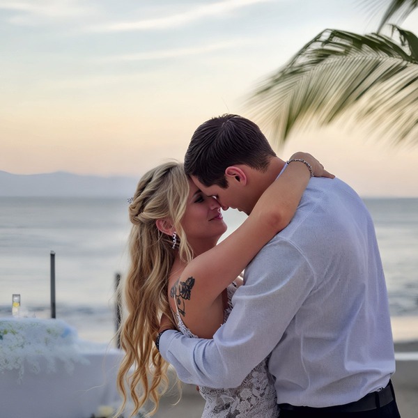 Camille and Jeff share an embrace beneath a palm frond on a sunset beach, capturing the romance of their destination wedding.