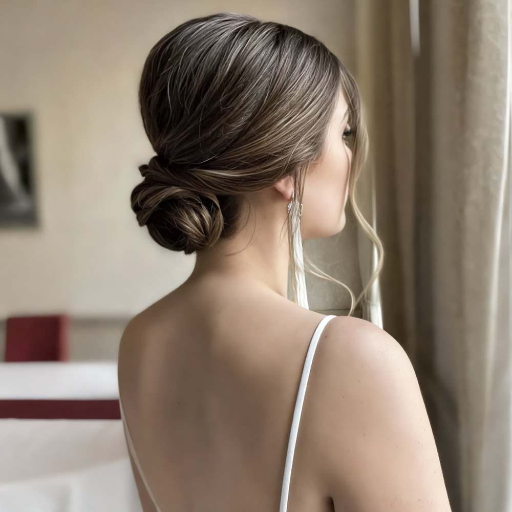 A woman in a white dress stands by a window, showcasing elegant low bun hairstyle ideas perfect for a wedding or destination wedding.