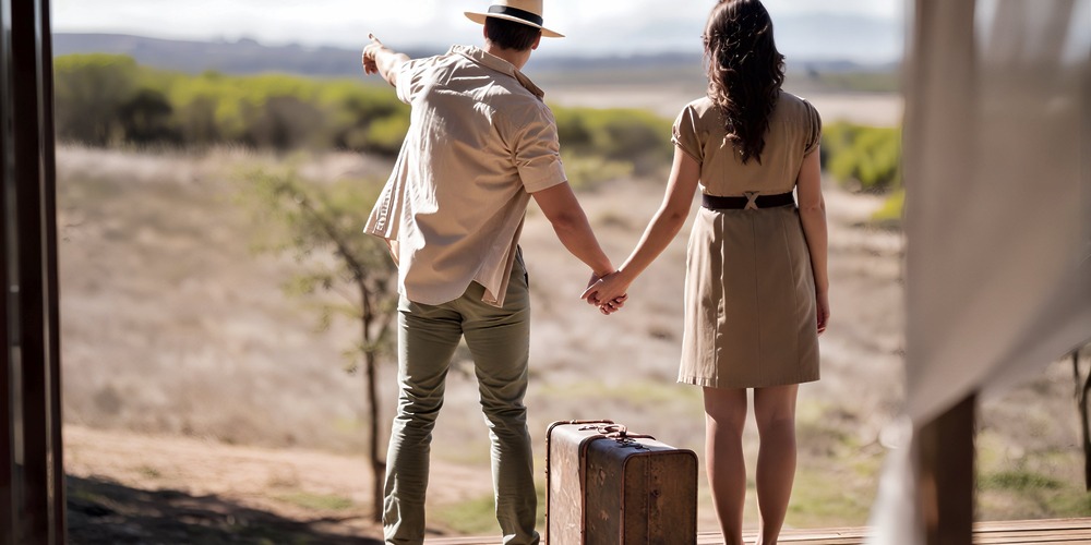 A couple holding hands stands next to a suitcase, as one of them points toward the distance—ready to embark on their destination wedding adventure.